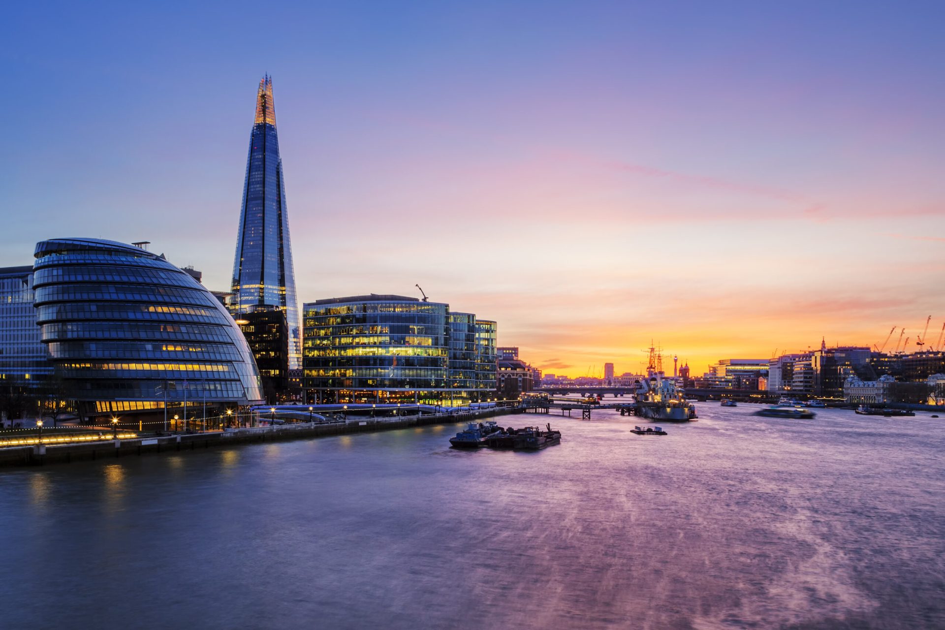 View of London city at sunset.